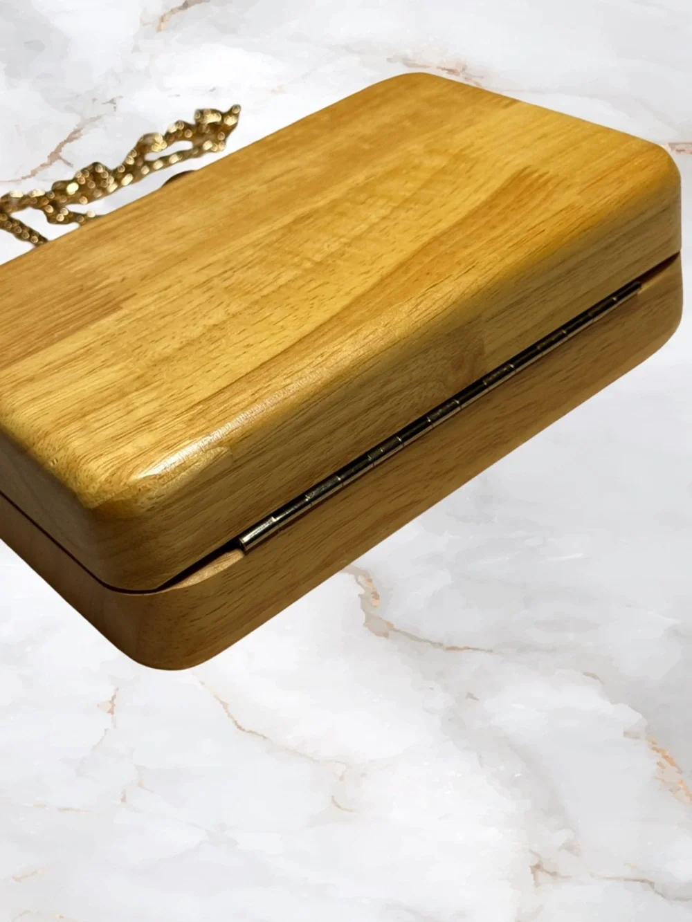 Unique Wooden Box Kisslock Clutch with Gold Chain by Inge Christopher